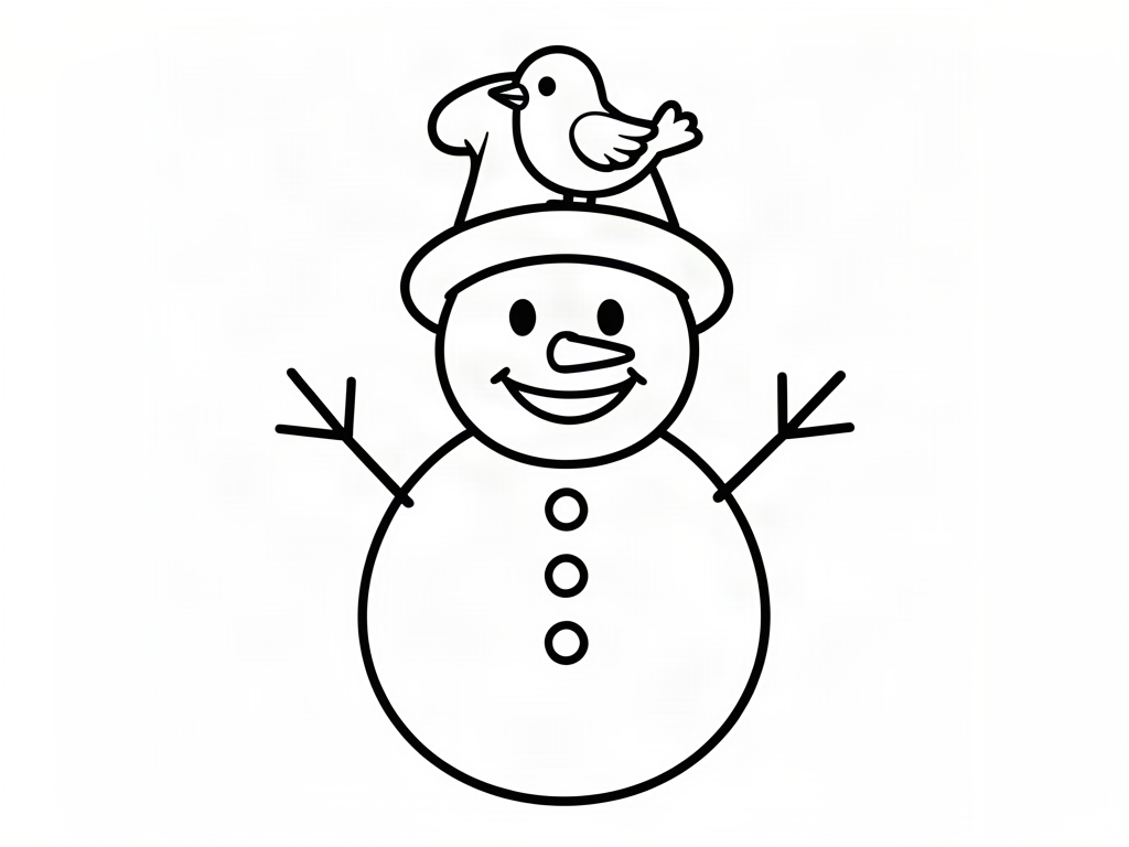 Smiling snowman with a little bird sitting on his hat, snowman coloring page