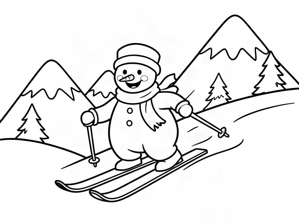 Happy snowman skiing down a snowy mountain, snowman coloring page