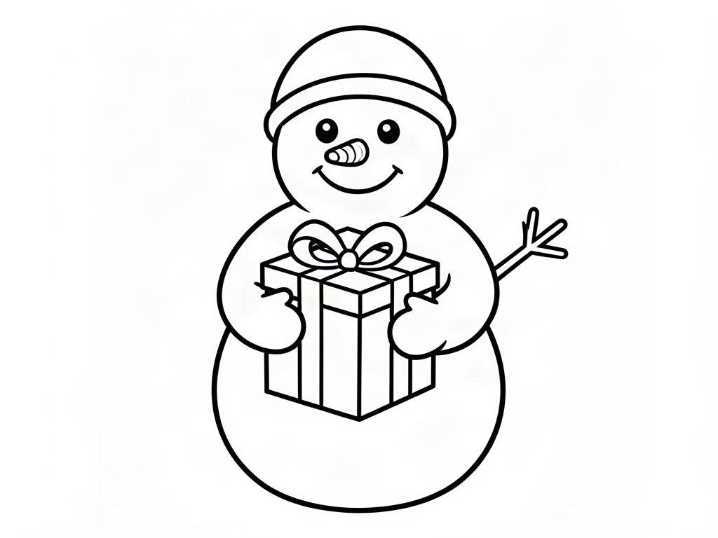 Cheerful snowman in a knit hat holding a wrapped present, snowman coloring page