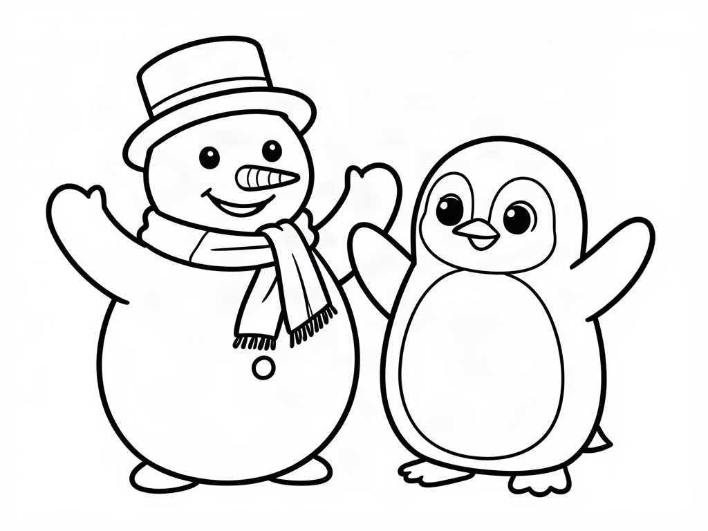 Snowman in a top hat and a cute penguin waving together, snowman coloring page