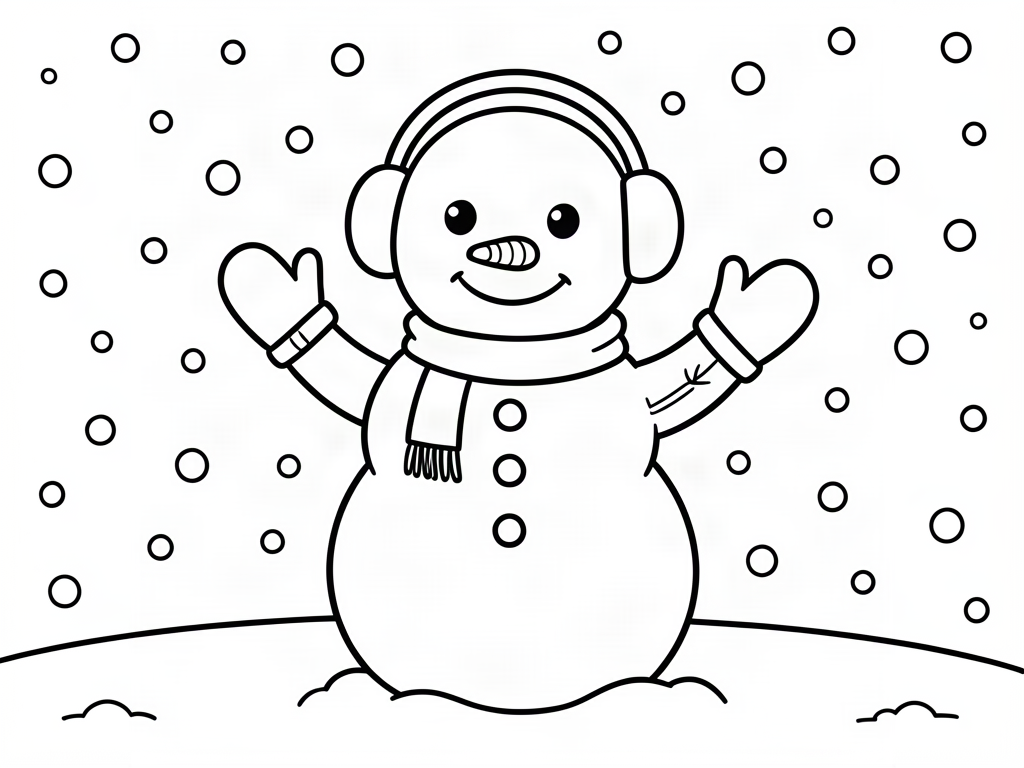 Snowman wearing earmuffs, mittens and a scarf waving in falling snow, snowman coloring page