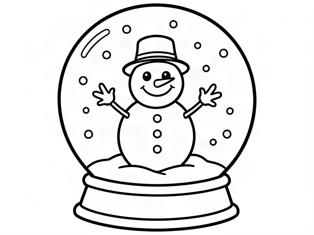 Happy snowman in a top hat inside a snow globe, snowman coloring page