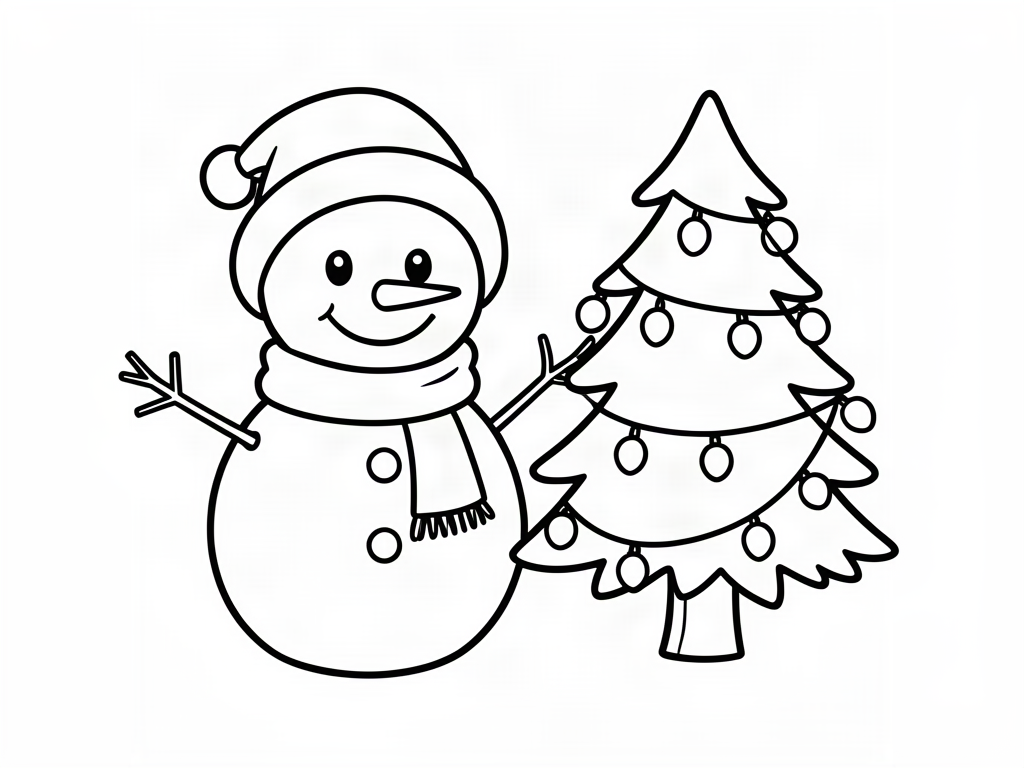 Snowman in a Santa hat next to a pine tree strung with lights, snowman coloring page