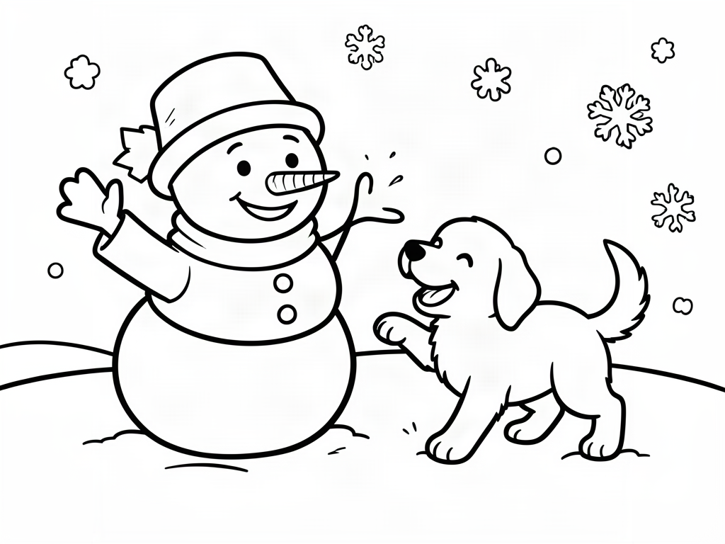 Snowman in a bucket hat playing with a happy puppy in the snow, snowman coloring page