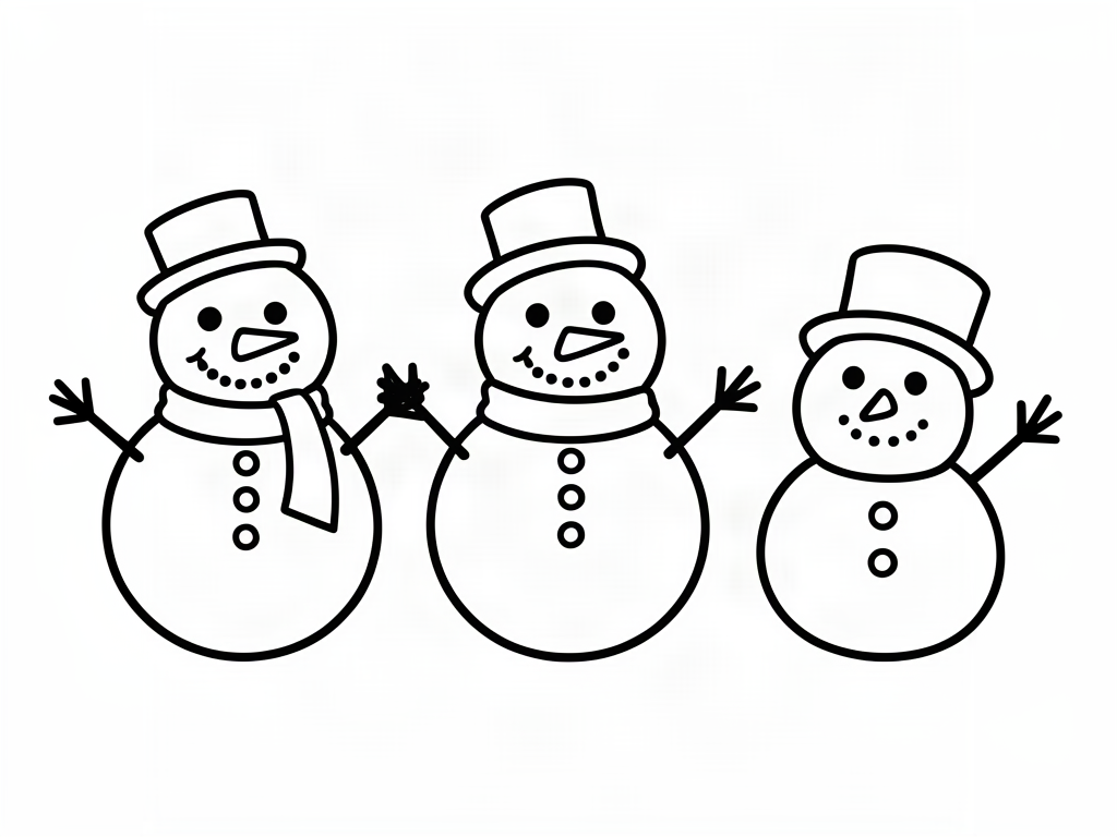 Three smiling snowmen in top hats standing in a row, snowman coloring page