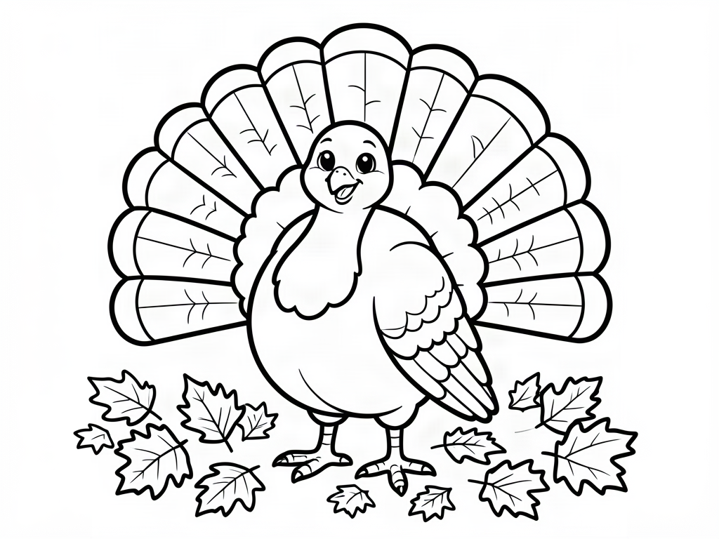 Smiling cartoon turkey with a big fanned tail standing in autumn leaves, Thanksgiving coloring page