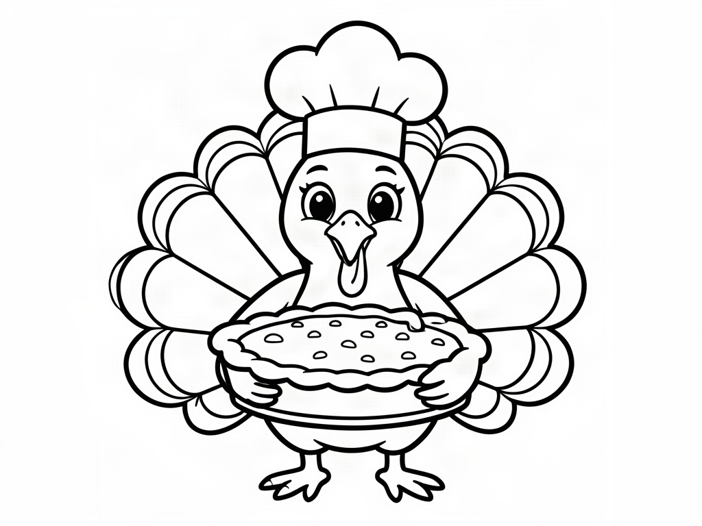 Cute turkey wearing a chef hat holding a pumpkin pie, Thanksgiving coloring page for kids