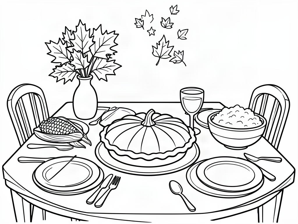 Thanksgiving dinner table with pumpkin pie, corn on the cob, mashed potatoes and a vase of autumn leaves, coloring page