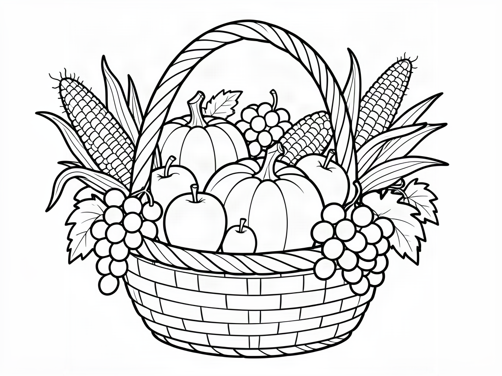 Woven harvest basket full of pumpkins, apples, grapes and corn, Thanksgiving coloring page