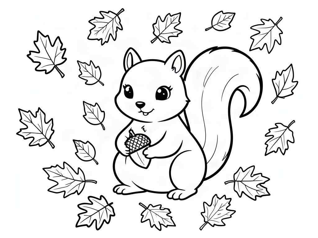 Cute squirrel holding an acorn surrounded by falling autumn leaves, Thanksgiving coloring page