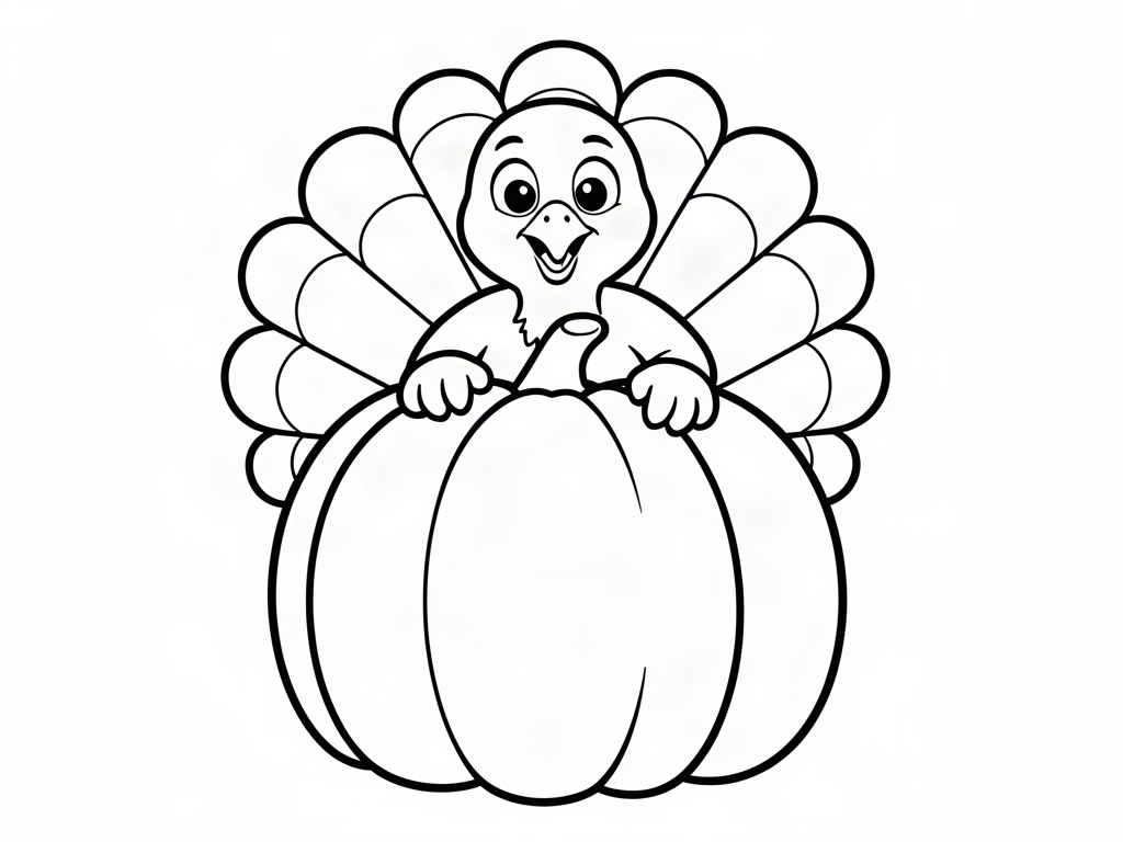 Silly cartoon turkey peeking over the top of a big pumpkin, Thanksgiving coloring page