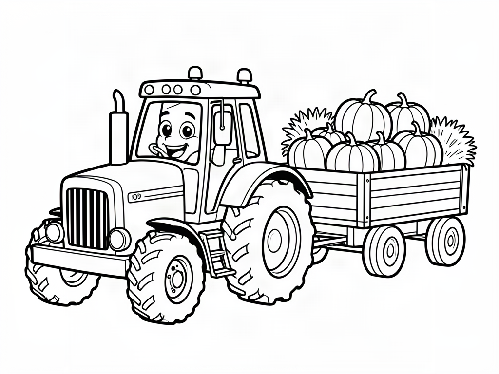 Smiling tractor pulling a wagon of pumpkins and hay, Thanksgiving harvest coloring page