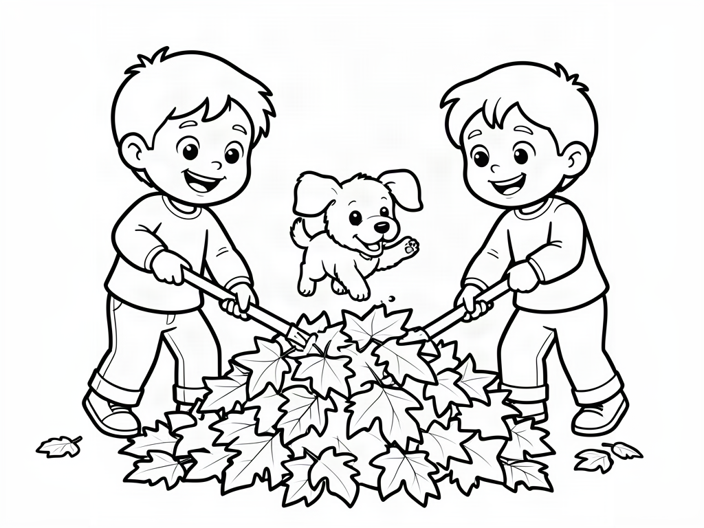 Two kids raking a big pile of autumn leaves while a puppy jumps in, Thanksgiving coloring page