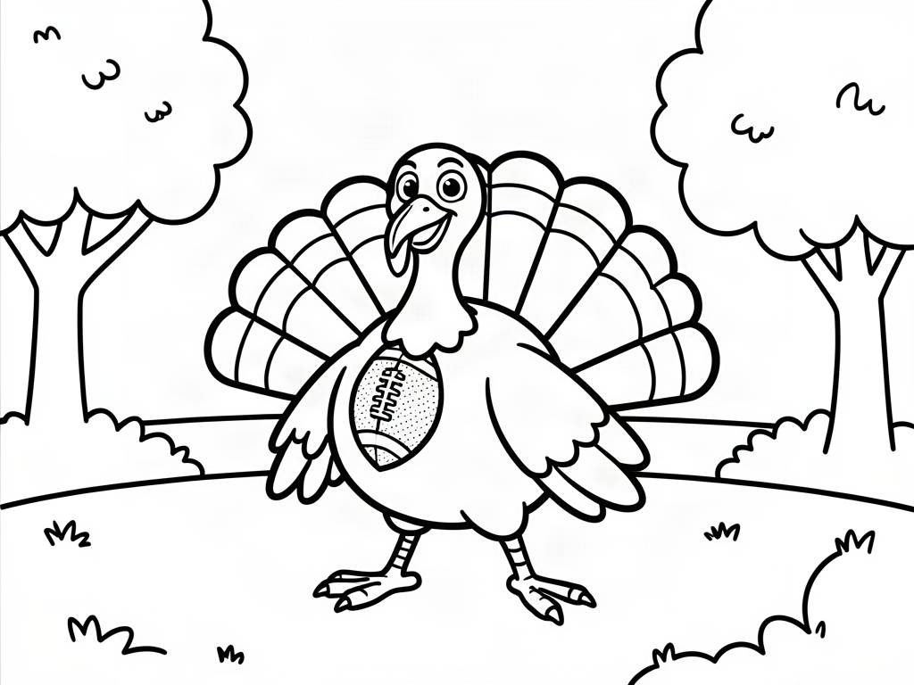 Cheerful turkey holding an American football in a park, Thanksgiving coloring page