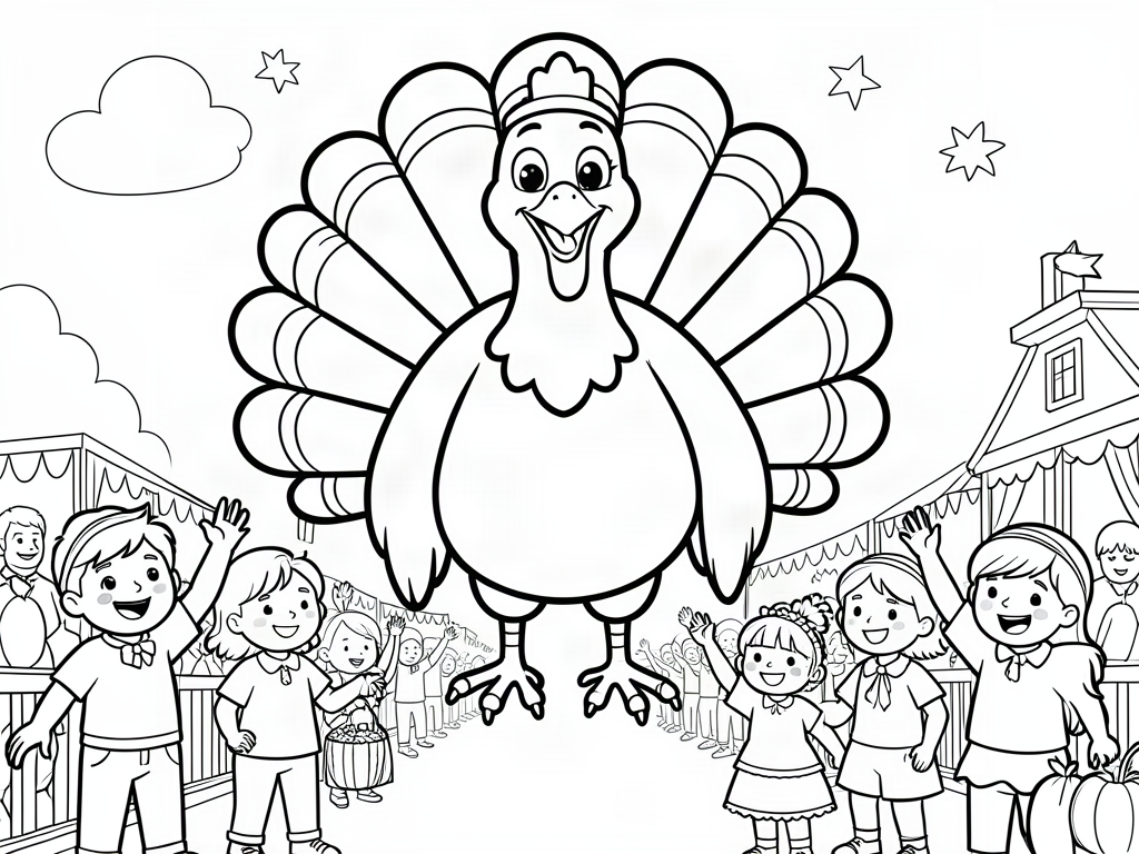 Giant smiling turkey in a Thanksgiving parade with kids waving and cheering, coloring page