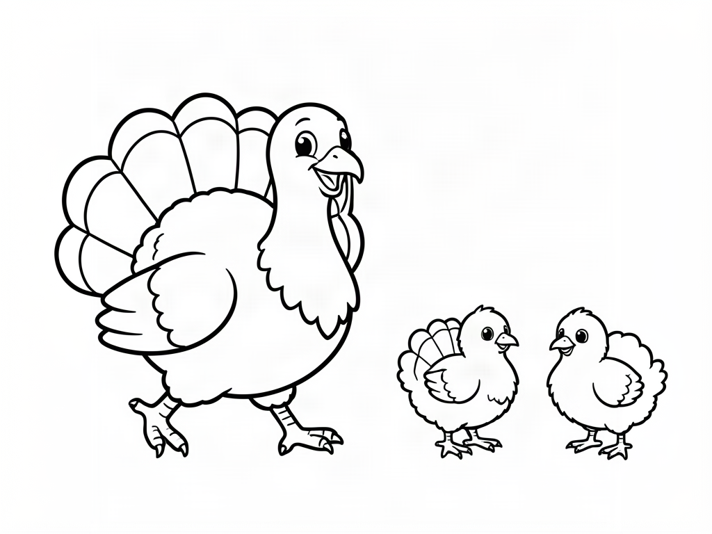 Mother turkey walking with two fluffy baby turkey chicks, Thanksgiving coloring page