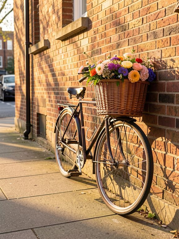Vintage bicycle with a basket of flowers against a brick wall
