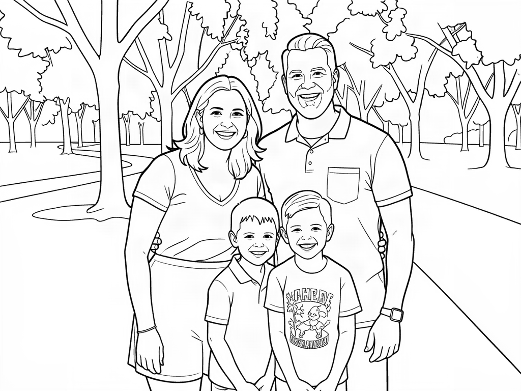 Family coloring page of parents and two boys made from a photo
